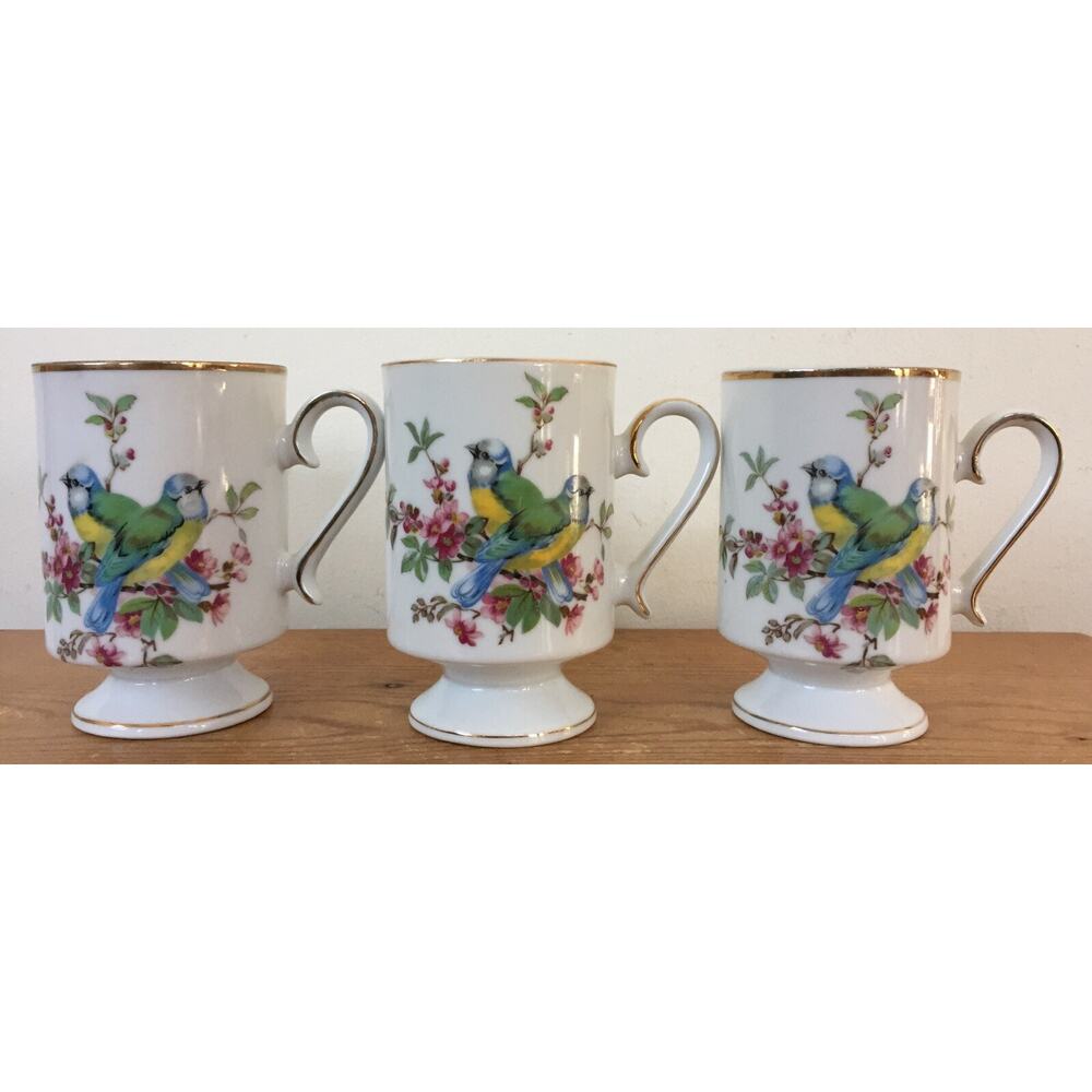 Set 3 Vtg Royal Crown RCW-13 Yellow Birds Porcelain Footed Coffee Mugs Tea Cups